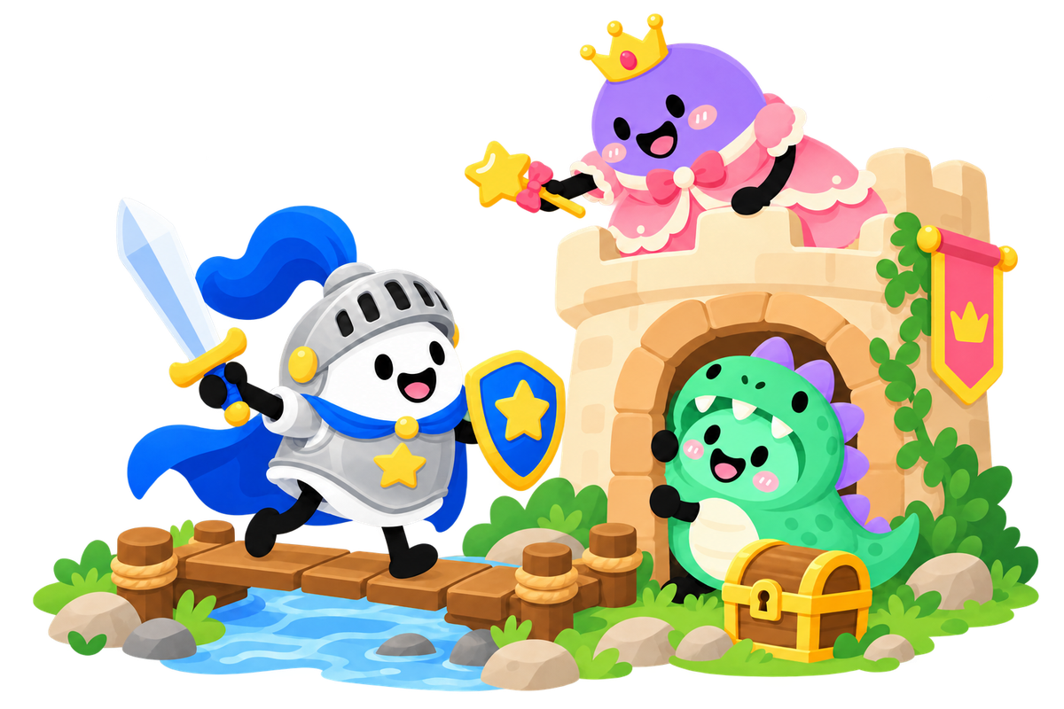 A Blob knight with a sword and shield crosses a little bridge, a princess leans from a castle tower, and a friend in a dinosaur costume peeks out beside a treasure chest.